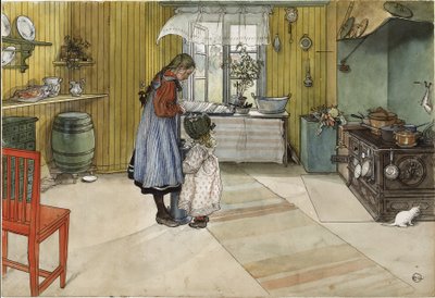 キッチン、Aホームシリーズ、c.1895（紙にトイレ） 作： Carl Larsson