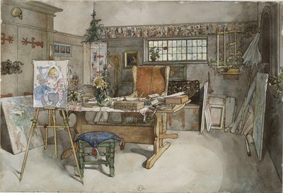 スタジオ、Aホームシリーズ、c.1895（紙にトイレ） 作： Carl Larsson