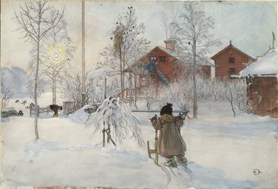 庭と洗面所、Aホームシリーズ、1895年頃（紙にトイレ） 作： Carl Larsson