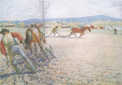 ハローを持った二人の男は系統的に前後に働きました 作： Carl Larsson
