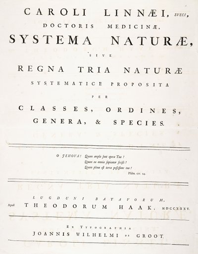 「Systemanaturae」のタイトルページ 作： Carl Linnaeus