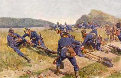 陣地を整えるバイエルン機関銃隊（カラーリトグラフ 作： Carl Ludwig Friedrich (after) Becker