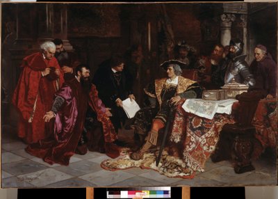 「皇帝マクシミリアン1世（1459-1519）はヴェローナでベネチア大使を迎える」（皇帝マクシミリアンはヴェローナでベネチア大使を迎える）カール・ルートヴィヒ・フリードリッヒ・ベッカー（1820-1900）による絵画1879年プーシキン美術館、モスクワ 作： Carl Ludwig Friedrich Becker