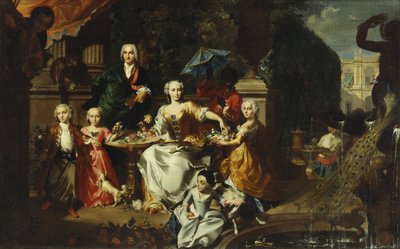 ヴィラの敷地内のテラスにある家族グループ、おそらくジョージジャクソンとその家族、1737年 作： Carl Marcus Tuscher