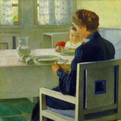 テーブルで母と子。カール・モール 作： Carl Moll