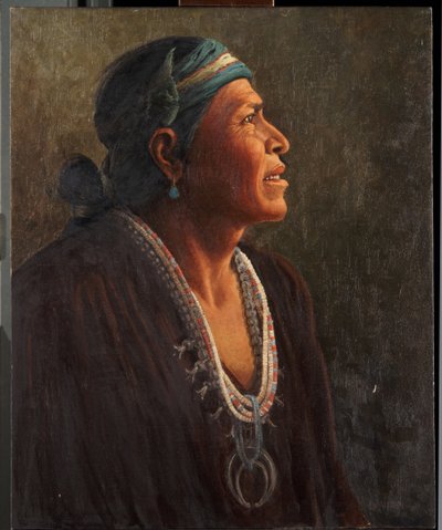Ta-otza-begay、別名 Meguelito、Navajo Medicine Man (パネルに取り付けられたキャンバスに油彩) 作： Carl Moon