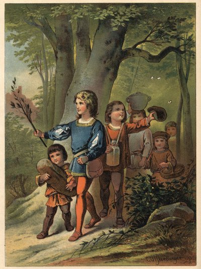 6人の子供たちは、父親を探すために森に行きます。頭には、彼らを導き、危険を取り除いてくれるブトン・ドールが付いています。 作： Carl Offterdinger