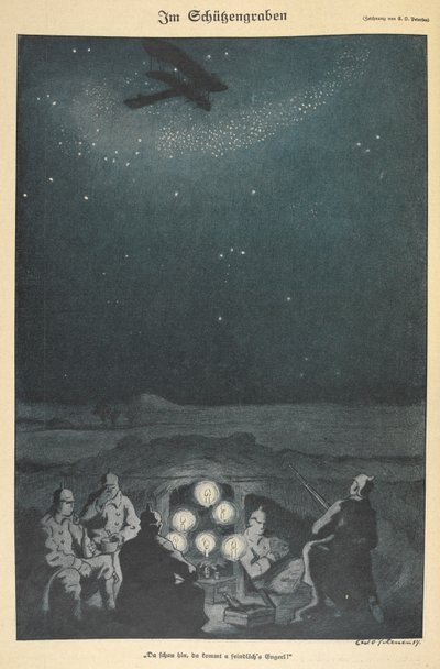 「塹壕で」。 ドイツ兵、夜空を飛ぶ飛行機（刻印） 作： Carl Olof Petersen