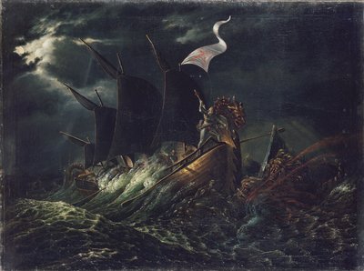 Frithjof が 2 匹のオーシャン トロールを倒す 作： Carl Peter Lehmann