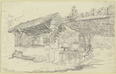 ブドウ棚のそばの藁葺き井戸小屋と洗い桶 作： カール・フィリップ・フォア