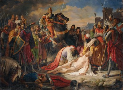 1266 年 2 月 26 日、1838 年 2 月 26 日のベネベントの戦いの後、アンジューのチャールズ 1 世がマンフレッドの遺体をめぐる 作： Carl Rahl