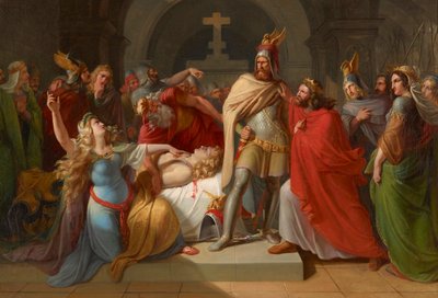 1835年、ジークフリートの死体の前でクリムヒルトがハーゲンを殺人者と宣言し、復讐を誓う。 作： Carl Rahl