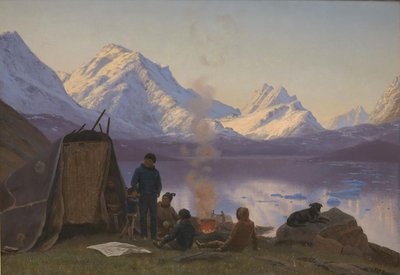 フィヨルドによるグリーンランドの集落。 夏 作： Carl Rasmussen