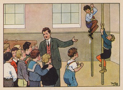 体育館でポールを登る少年たち（カラーリトグラフ） 作： Carl Robert Arthur Thiele