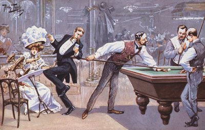ビリヤード場でのコミカルなシーン（カラーリトグラフ 作： Carl Robert Arthur Thiele