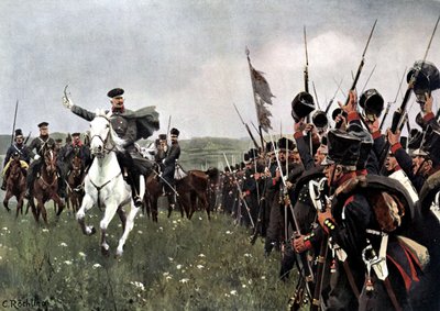 1813年8月26日、カッツバッハの戦いの前にブルッチャー将軍 作： Carl Röchling