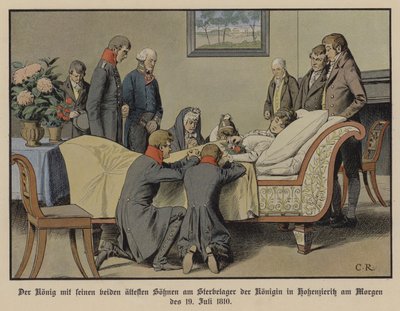 1810年7月19日朝、ルイーズ王妃の死の床のそばにいるプロイセン王フリードリヒ・ウィリアム3世と2人の長男（カラーリトグラフ 作： Carl Röchling