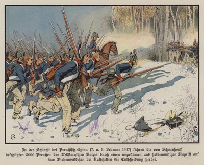 1807年2月7〜8日、アイラウの戦いで攻撃するプロイセンの歩兵（カラーリトグラフ 作： Carl Röchling
