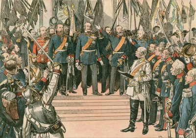 プロイセンの王で最初のドイツ皇帝（1797-1888）であるウィルヘルム1世は、1871年にヴェルサイユ条約で新たに結ばれたドイツ帝国のカイザーとして認められる 作： Carl Rohling