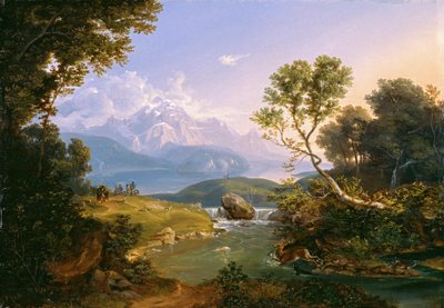 ベルヒテスガーデン近くのヒンター湖での鹿狩り 作： Carl Rottmann
