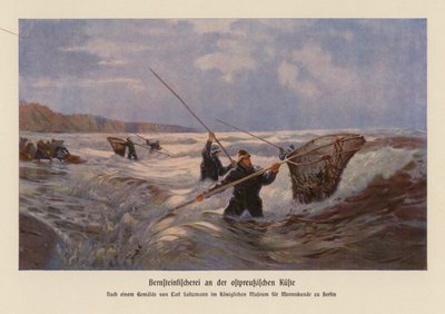 バルト海、東プロイセンでの琥珀採集（カラーリトグラフ） 作： Carl Saltzmann