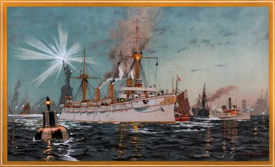ニューヨークを去るオーガスタ皇后 C. Saltzmannによるクロモリトグラフ 95年、G. Wislicenus, Unsre Kriegsflotteよりnr13 作： Carl Saltzmann