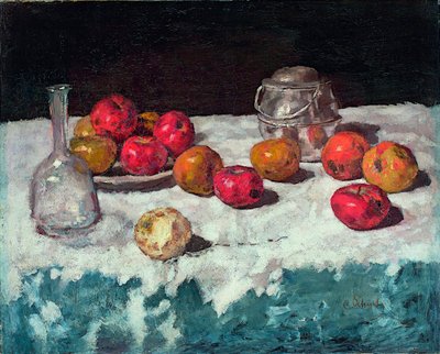 ""Nature morte aux pommes"" (リンゴのある静物) Peinture de Carl Schuch (1846-1903) 1889年 キャンバスに油彩 Dim 66,2x81,6 cm クンストパラスト美術館、デュッセルドルフ 作： Carl Schuch