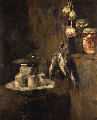 1884年以降のパートリッジとチーズのある静物 作： Carl Schuch
