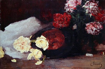 ティーローズのある静物画」1885年頃（油彩・キャンバス） 作： Carl Schuch
