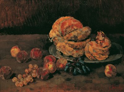 かぼちゃ、桃、ぶどうのある静物 作： Carl Schuch