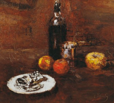 アルミホイルの 3 つのリンゴとチーズのある静物 作： Carl Schuch