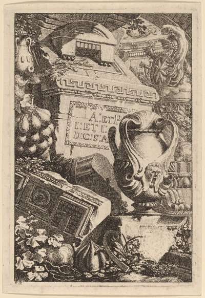 建築と彫刻の断片を伴う古代の墓のファンタジー 作： Carl Schütz