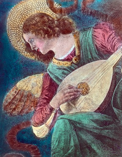 天使の音楽家ミケロッツォ・デッリ・アンブロージ（1438-1494）としても知られるイタリア・ルネサンス期の画家メロッツォ・ダ・フォルリが1480年頃に描いたフレスコ画の一部。画像の日付：1900年頃。カール・サイモン・アーカイブ 作： Carl Simon
