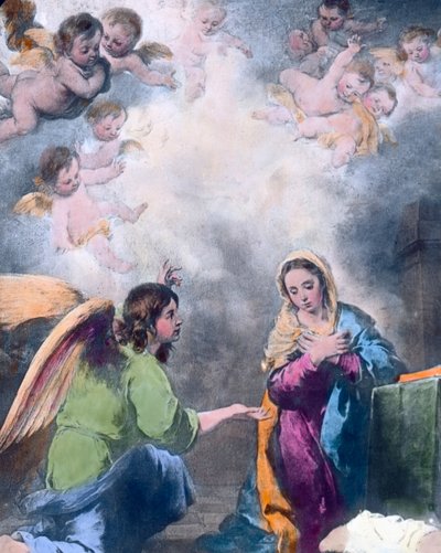 受胎告知。スペイン・バロックの画家バルトロメ・エステバン・ムリーリョ（1617～1682）が1655年に描いた作品。画像の年代：1910年頃。カール・サイモン・アーカイブ 作： Carl Simon