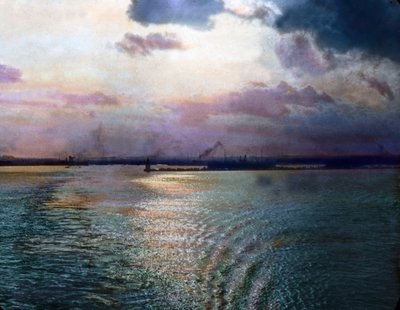 日本、横浜近郊の東京湾の印象、画像の年代：1920年頃。カール・サイモン・アーカイブ 作： Carl Simon
