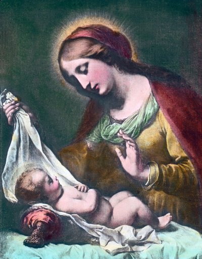 聖母子。イタリア・バロックの画家カルロ・ドルチ（1616 - 1686）による絵画（年代未詳）。画像の日付：1900年頃。カール・サイモン・アーカイブ 作： Carl Simon