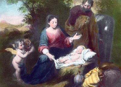 天使、マリア、ヨセフと眠るキリストの子。スペイン・バロックの画家バルトロメ・エステバン・ムリーリョ（1617 - 1682）による絵画（年代未詳）。画像の年代：1900年頃。カール・サイモン・アーカイブ 作： Carl Simon