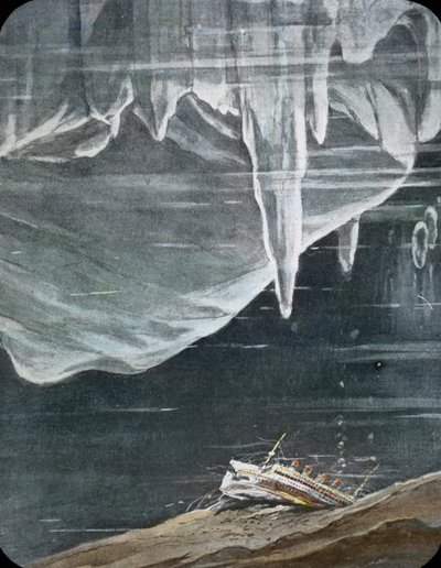1912年タイタニック号処女航海、タイタニック号遭難、イラストレーション、タイタニック号沈没、歴史、歴史的、イラストレーション、カール・サイモン、手彩色スライドグラス 作： Carl Simon