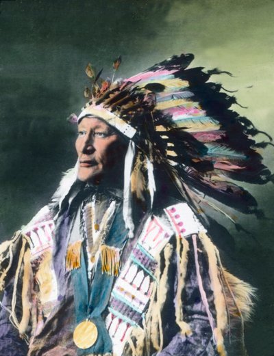 アメリカ合衆国、ネイティブ・アメリカンの酋長の肖像、画像の年代：1910年頃。カール・サイモン・アーカイブ 作： Carl Simon