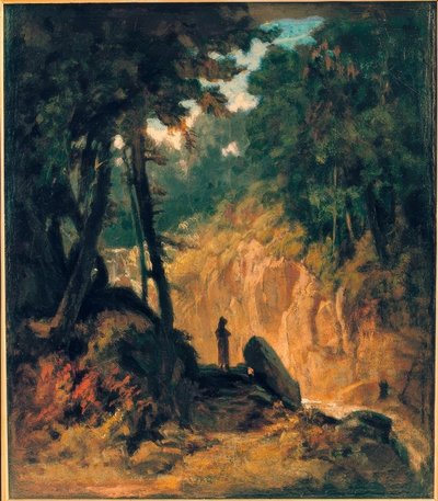 Kapuzinermの銀行の滝のある緑豊かな風景 作： Carl Spitzweg