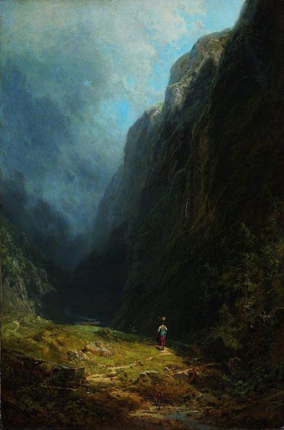 高山のある高山の渓谷の風景の中。ウェンデルシュタイン、c。 1871 作： Carl Spitzweg
