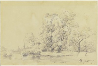 水辺の木々のある風景、遠方に村の教会の塔 作： カール・スピッツウェグ
