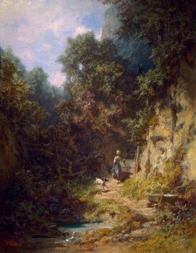 ハンターが手を振っている山羊を持つ少女 作： Carl Spitzweg