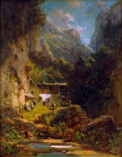 フィギュア付きの森の峡谷のミル 作： Carl Spitzweg