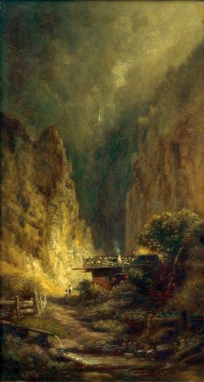2人の人物がいる岩の峡谷の前にあるミル 作： Carl Spitzweg