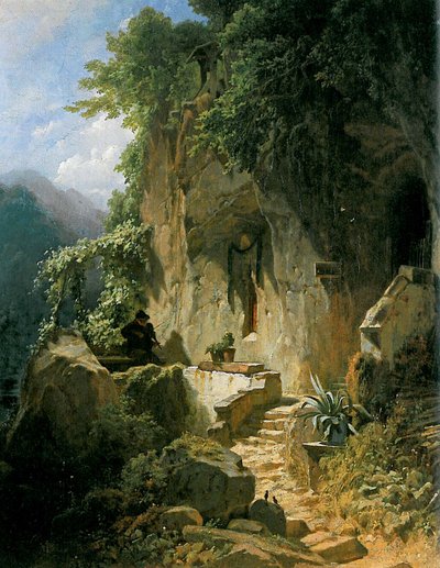 岩だらけの庵の前で遊んでいる仙人 作： Carl Spitzweg