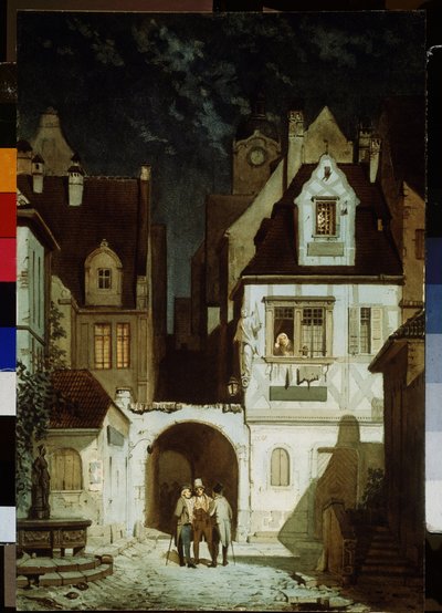 月明かりに照らされたドイツの街の一角。 Carl Spitzweg (1808-1885) による絵画。 紙に水彩、68.5 x 46.5 cm。 19世紀ドイツの芸術。 プーシキン美術館、モスクワ。 作： Carl Spitzweg