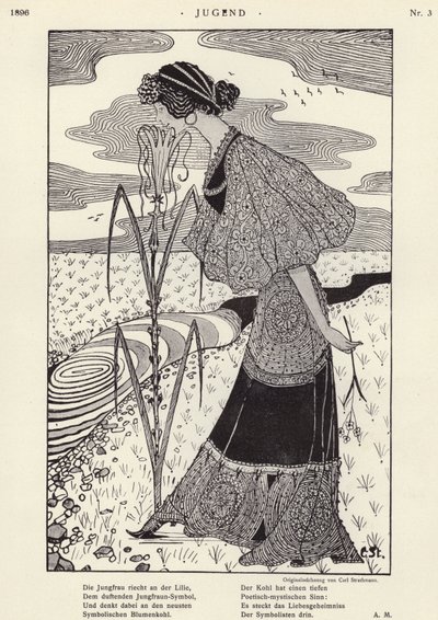 花の香りを嗅ぐ女性（リトグラフ 作： Carl Strathmann
