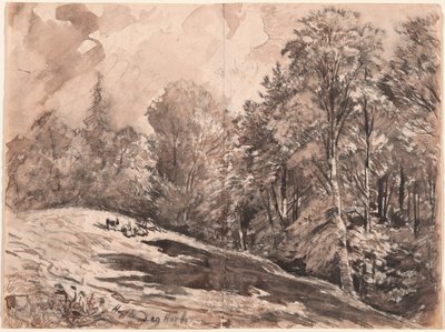 森の端に羊飼いとヤギがいる牧草地 作： Carl Wagner