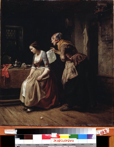 ""The letter"" (手紙) 絶望する少女に使用人が手紙を届ける。 カール ヴィルヘルム ハブナー (1814-1879) の絵画 19 世紀極東美術館、ハバロフスク、ロシア 作： Carl Wilhelm Hübner